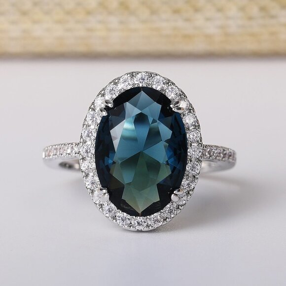 ▶Noble Hollow Anillos Super Large Oval Pure Royal Blue CZ Silver Ring L263